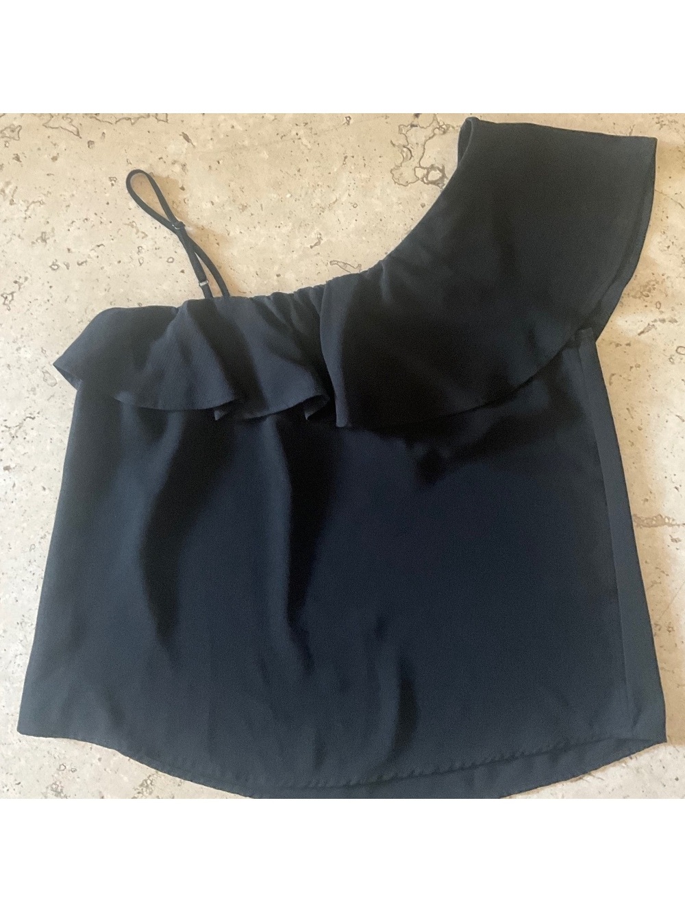 One Shoulder Ruffle Black Crepe Top - Picture 2 of 4